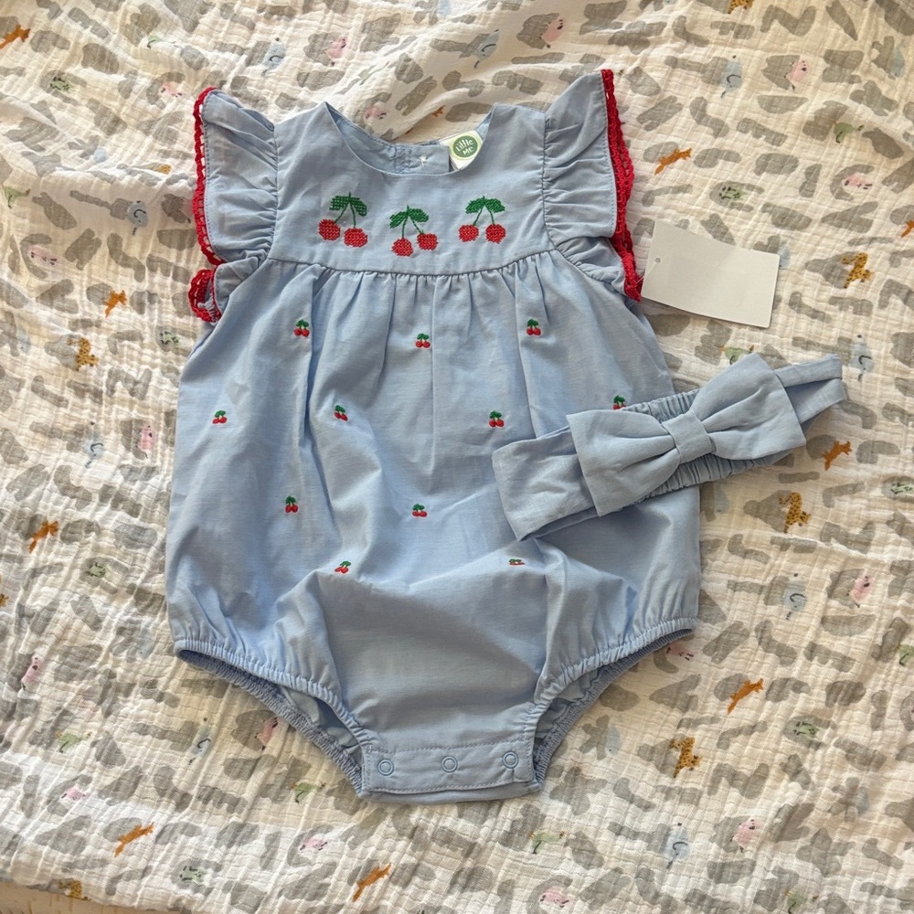 41. Blue Baby Romper with Cherry Embroidery and Headband